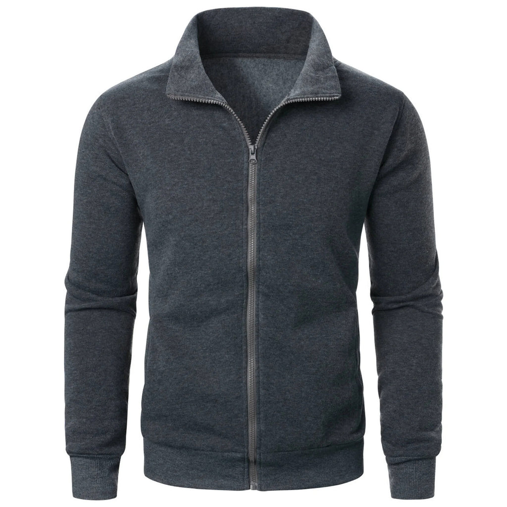 Stand Collar Cardigan Zipper Fleece-lined Thickened Threaded Cuff Casual Sweatshirt
