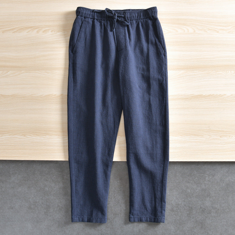 Summer Breathable Cotton Linen Elastic-waist Straight Casual Trousers