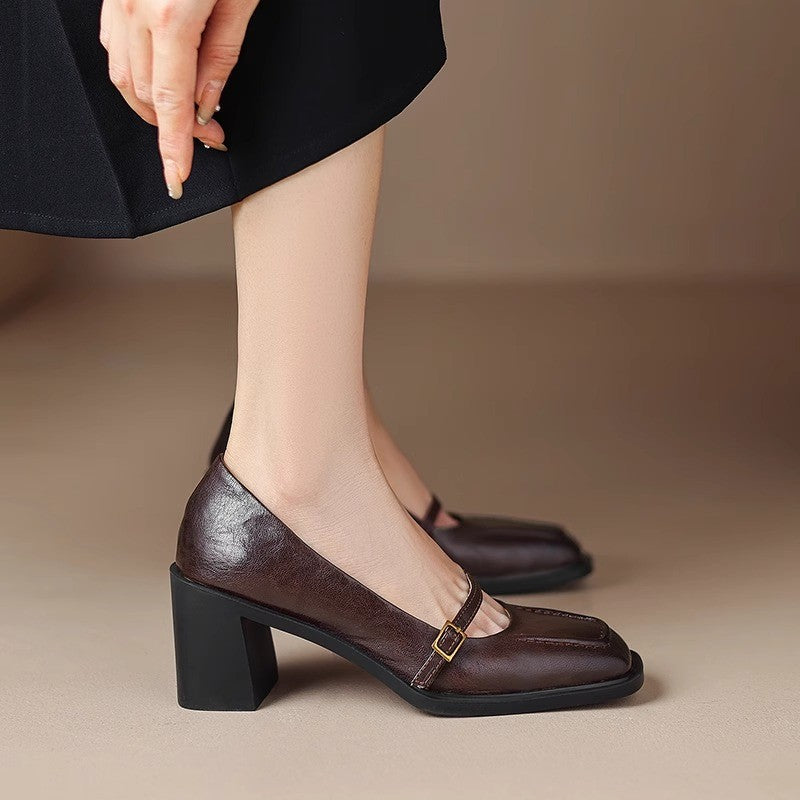 Spring And Autumn New Retro Square Head Women's Soft High Heel Pumps