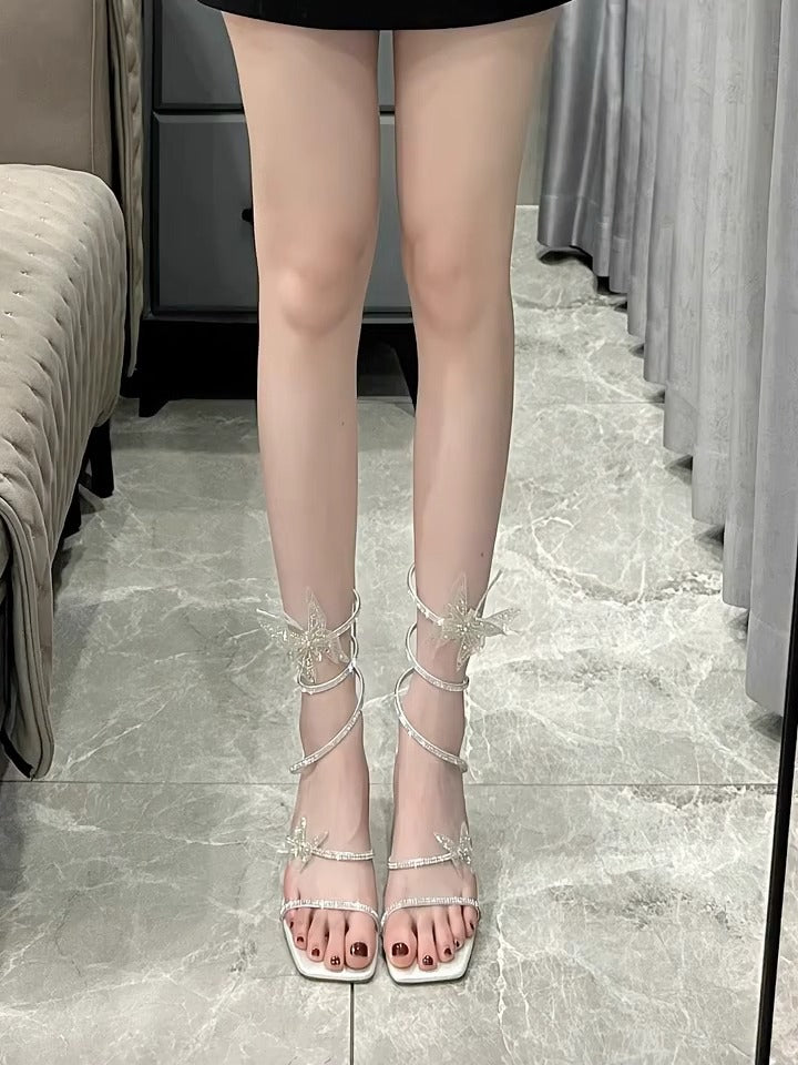 Bow Rhinestone High-heeled Sandals Women's Open Toe Roman High Heels