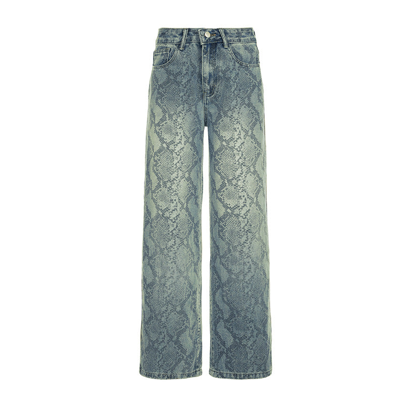 Women's American Style Spliced Snake Pattern Straight Leg Jeans