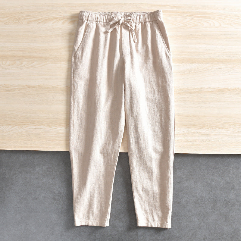 Summer Breathable Cotton Linen Elastic-waist Straight Casual Trousers