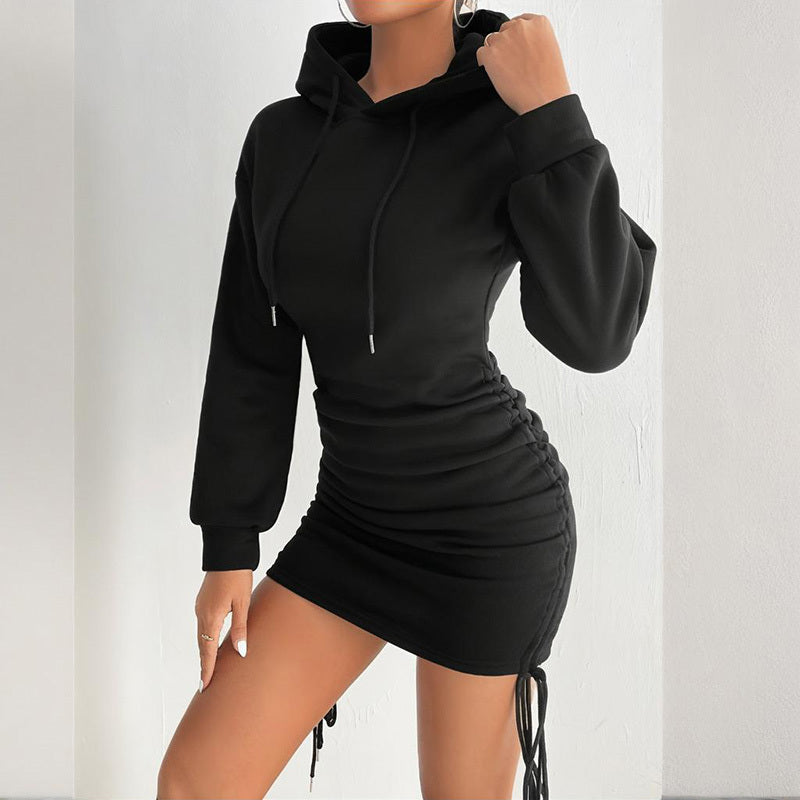 Women's Sexy Solid Color Long Sleeve Bodycon Dress With Drawstring Detail Spring Summer Fashion Fitted Hoodie Mini Dress