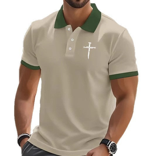 Polyester Printed Solid Color Polo Shirt Short Sleeve Men