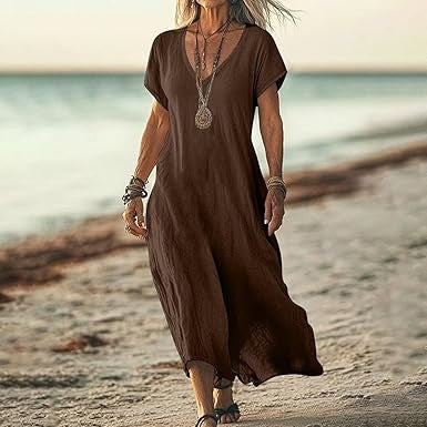 Loose Solid Color And V-neck Cotton And Linen Dress