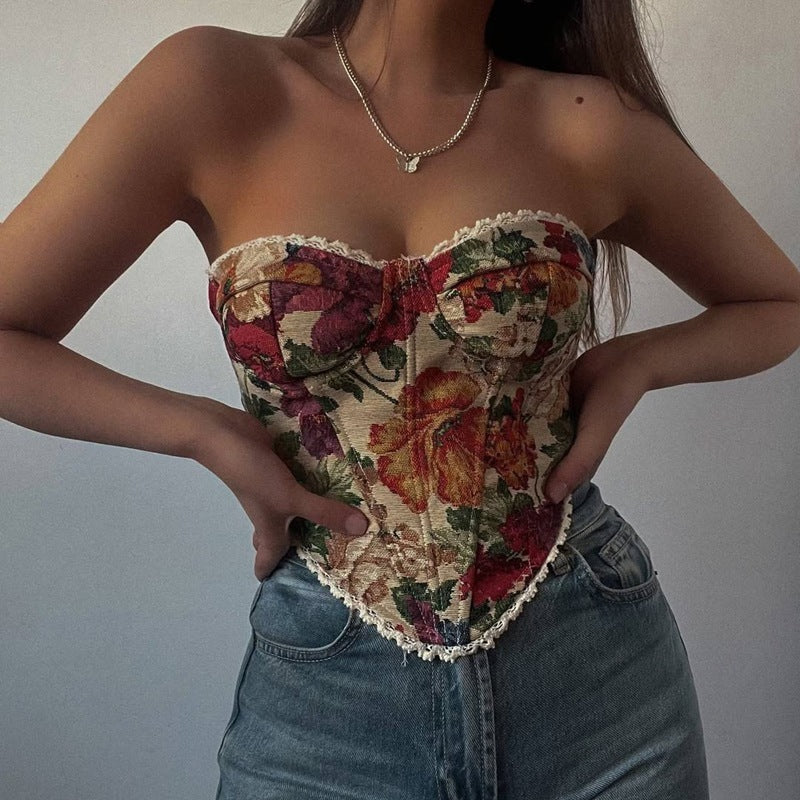 Vintage Jacquard Wrap Bust Lace Tie French Niche Corset Waist Cinching Slimming Small Vest