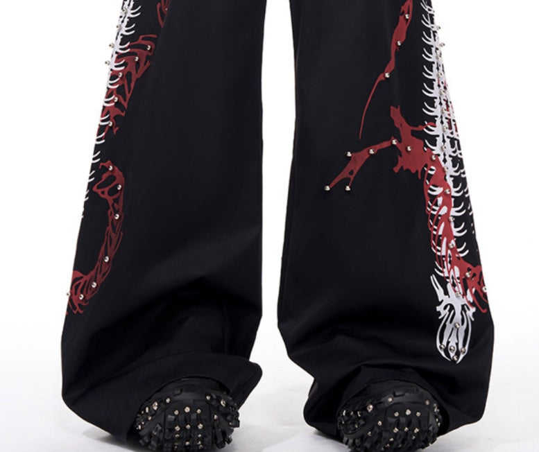 Rivet Snake-shaped Backbone Printed Black Suit Pants