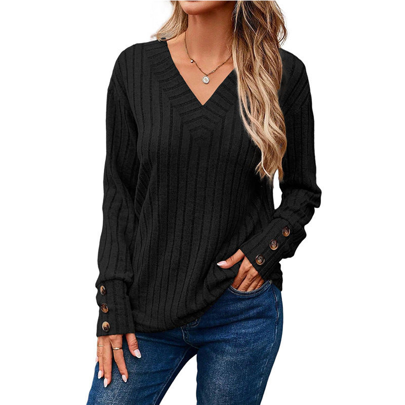 Women's Long-sleeved Blouse Solid Color Buttons T-shirt