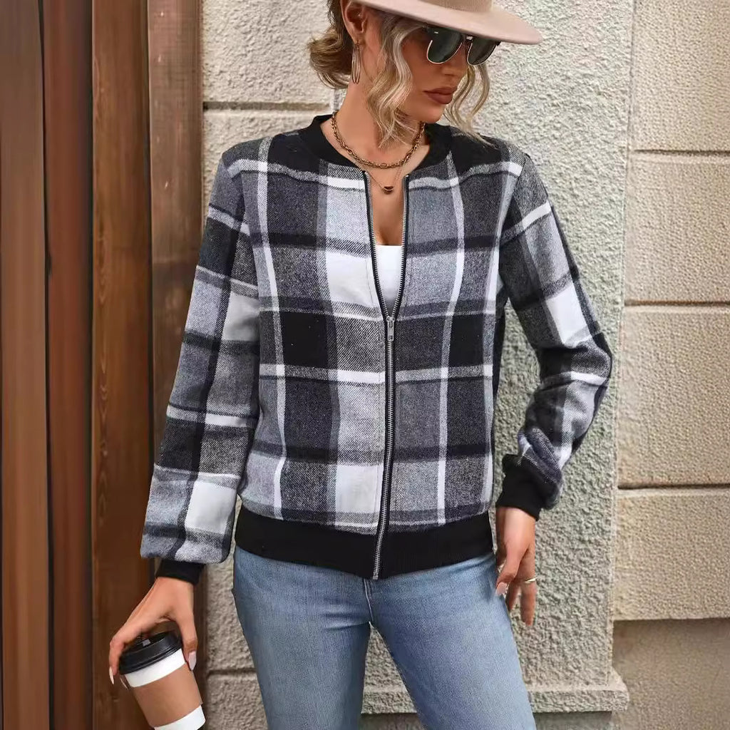 European And American Autumn And Winter Plaid Baseball Jacket Jacket