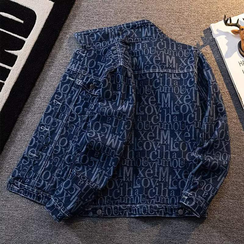 American Retro Heavy Printed Presbyopic Letter Denim Jacket