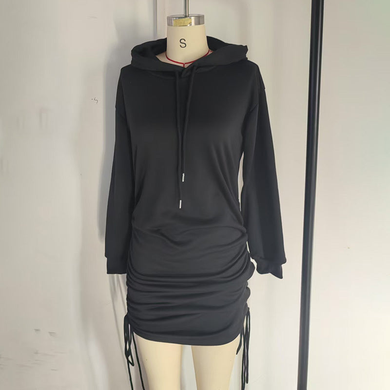 Women's Sexy Solid Color Long Sleeve Bodycon Dress With Drawstring Detail Spring Summer Fashion Fitted Hoodie Mini Dress