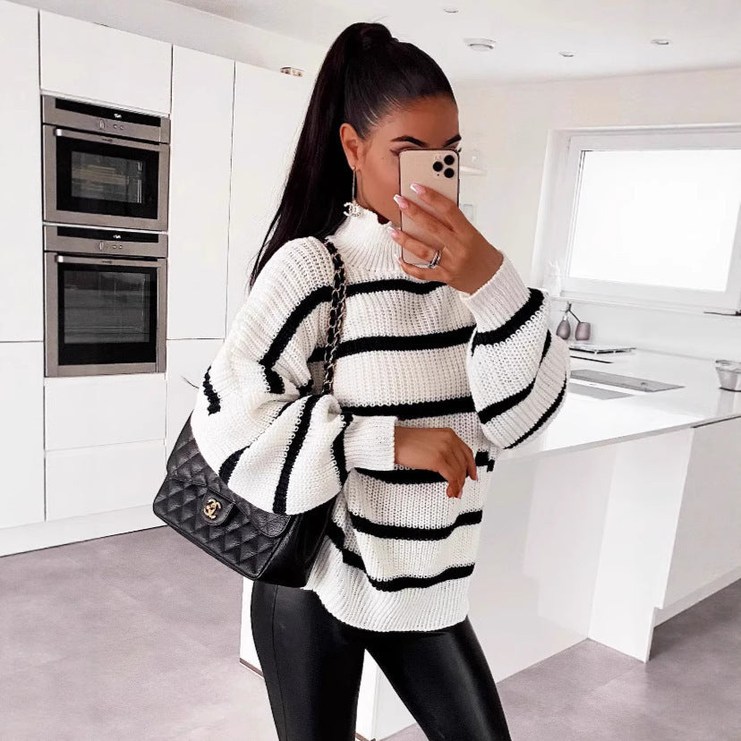 Loose Striped Mock-neck Contrast Color Knitwear Pullover Sweater