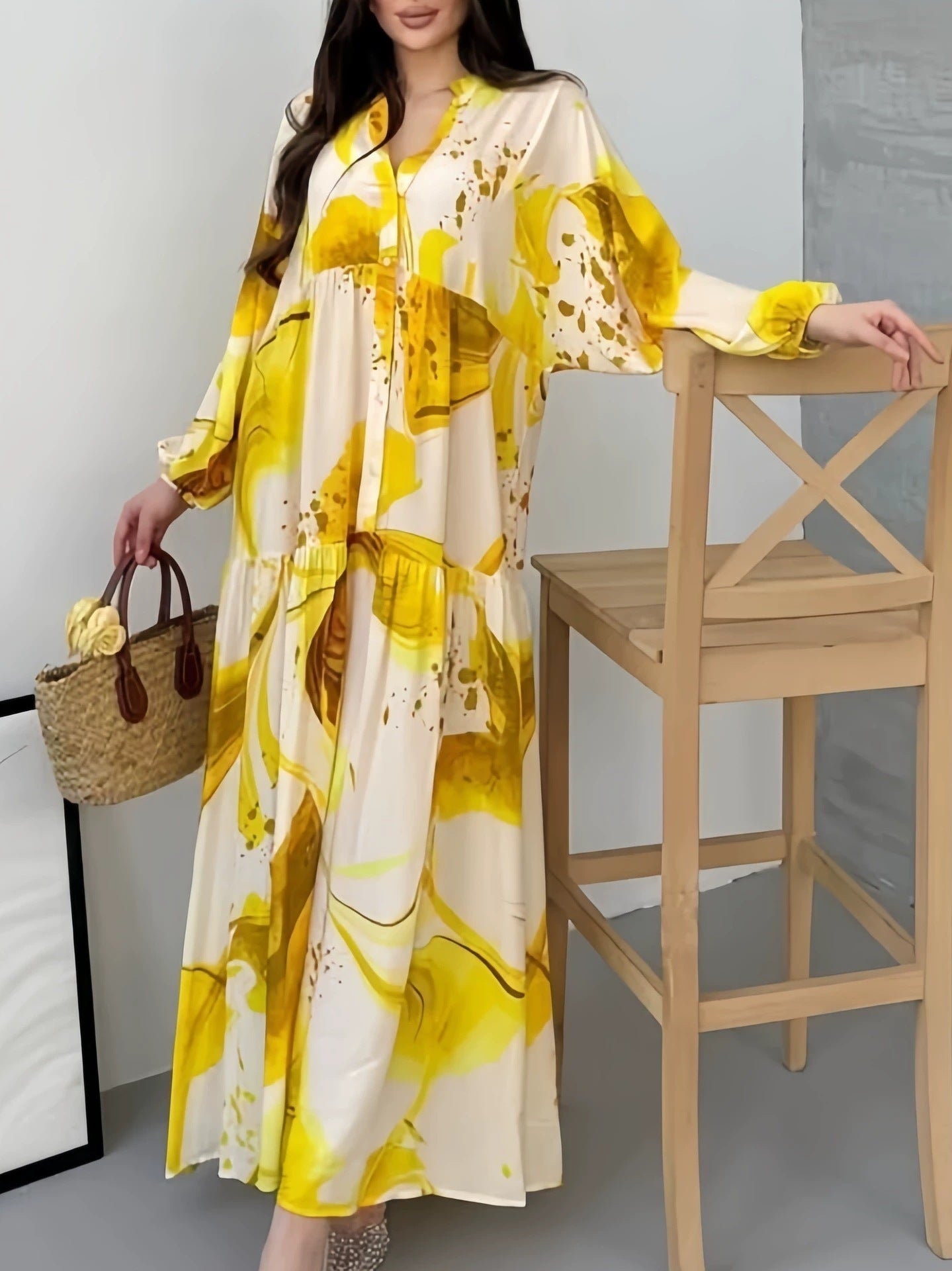 Loose Casual Long Sleeves Temperament V-neck Dress