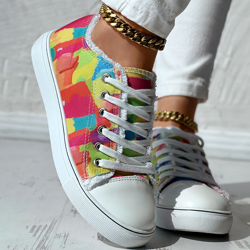 Melt Color Printed Tassel Hem Canvas Sneakers - Anklet Not Included