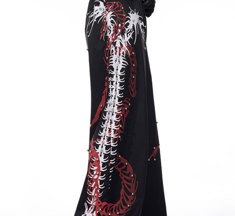 Rivet Snake-shaped Backbone Printed Black Suit Pants