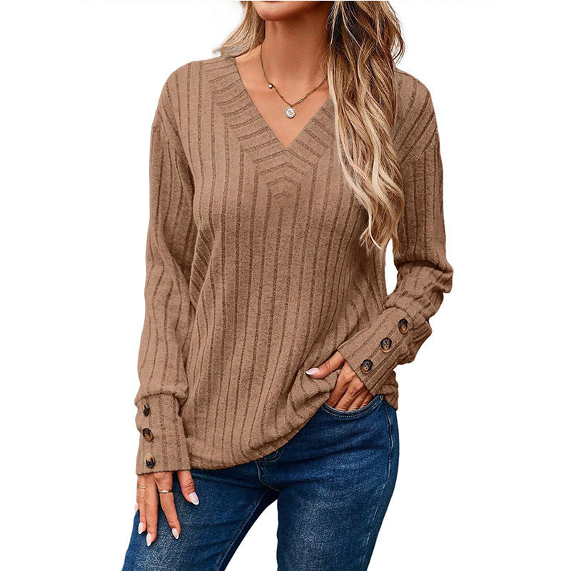 Women's Long-sleeved Blouse Solid Color Buttons T-shirt