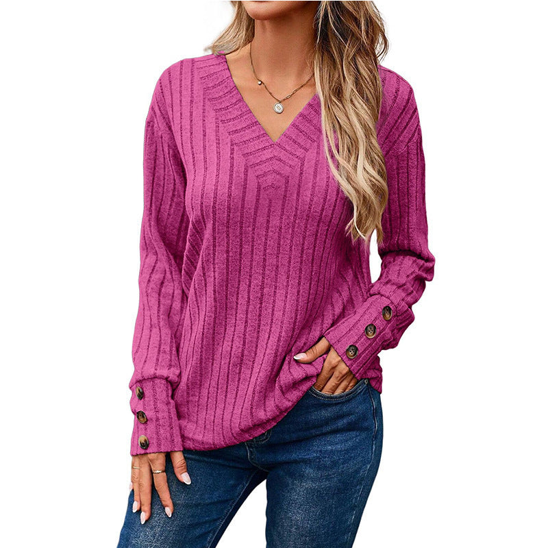 Women's Long-sleeved Blouse Solid Color Buttons T-shirt