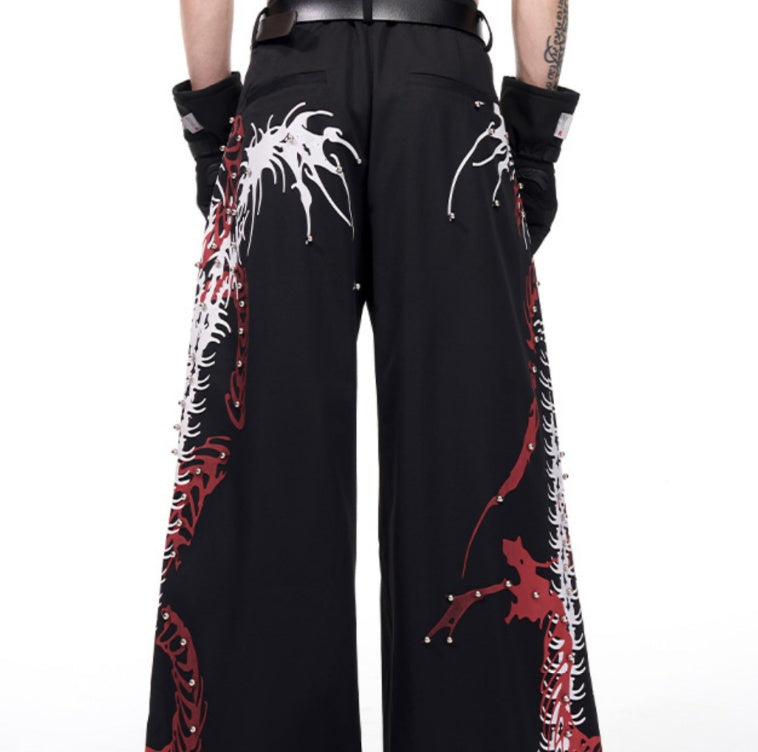 Rivet Snake-shaped Backbone Printed Black Suit Pants