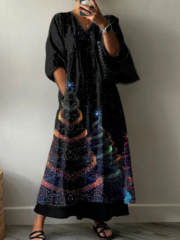 European And American Women's Casual Fashion Printing V-neck Mid-length Dress