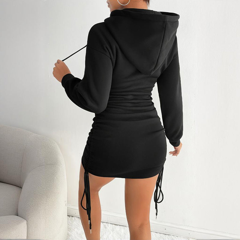 Women's Sexy Solid Color Long Sleeve Bodycon Dress With Drawstring Detail Spring Summer Fashion Fitted Hoodie Mini Dress