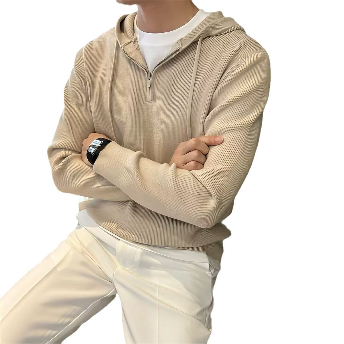 Solid Color Men's Half Zipper Hooded Sweater