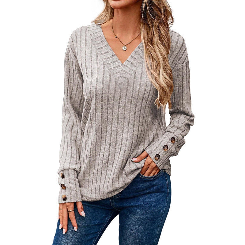 Women's Long-sleeved Blouse Solid Color Buttons T-shirt